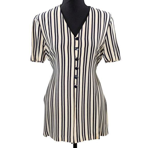 Vintage KC Spencer NY Striped Blouse Sz 6 Short Sleeve Tie Back Side Slit - Picture 2 of 15